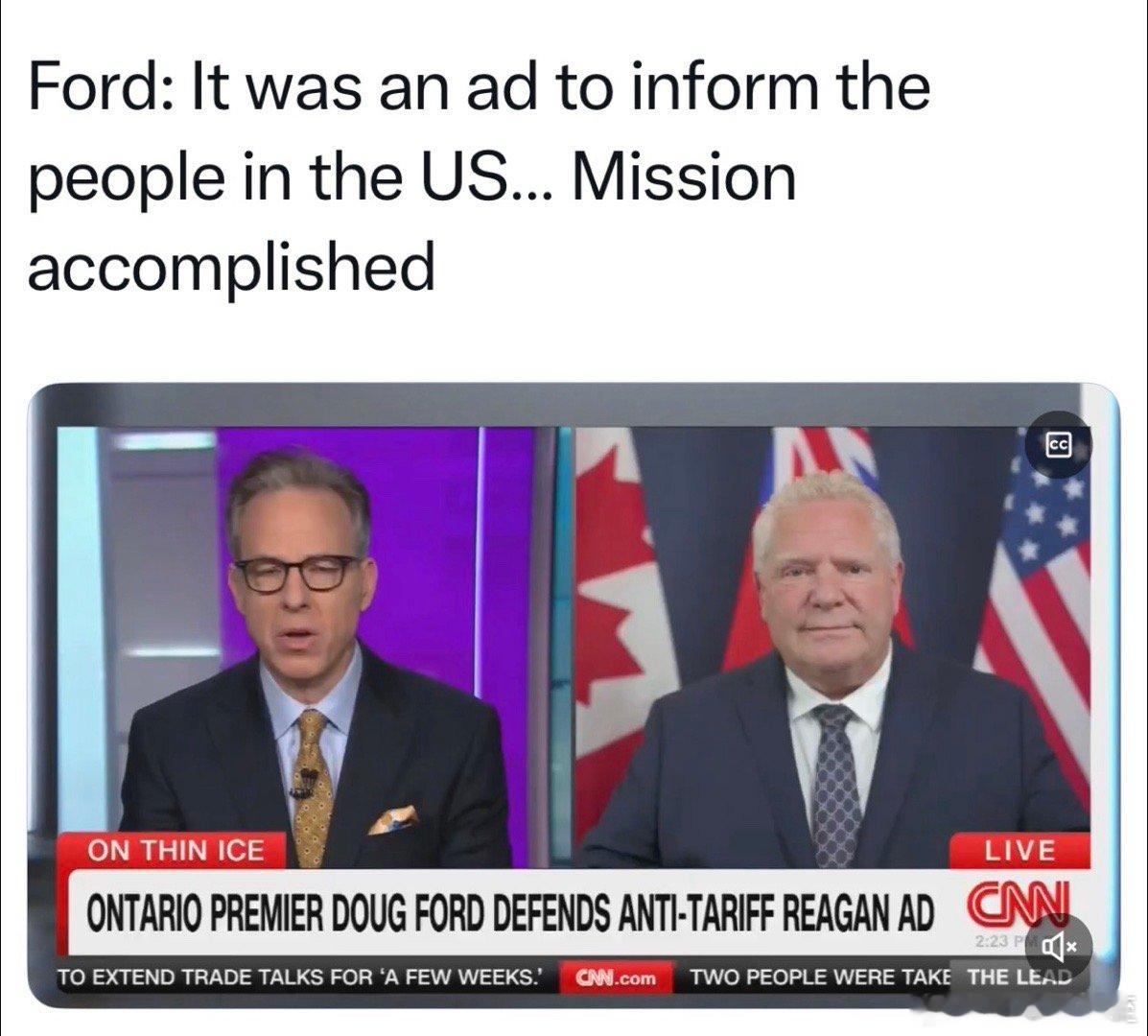 加拿大安大略省省长接受CNN采访：反关税广告就是想让美国人都看到，任务完成了✅挑