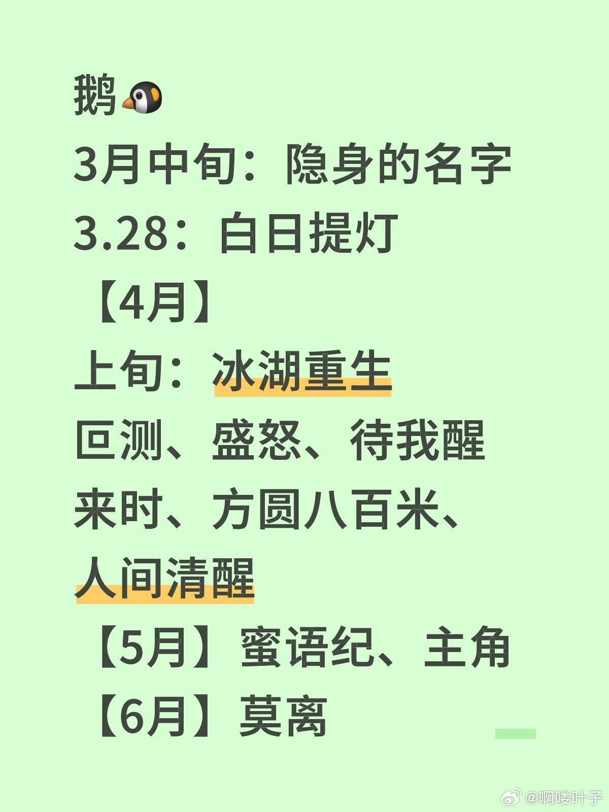 鹅🐧3月中旬：隐身的名字3.28：白日提灯【4月】上旬：冰湖重生叵测、盛怒、待