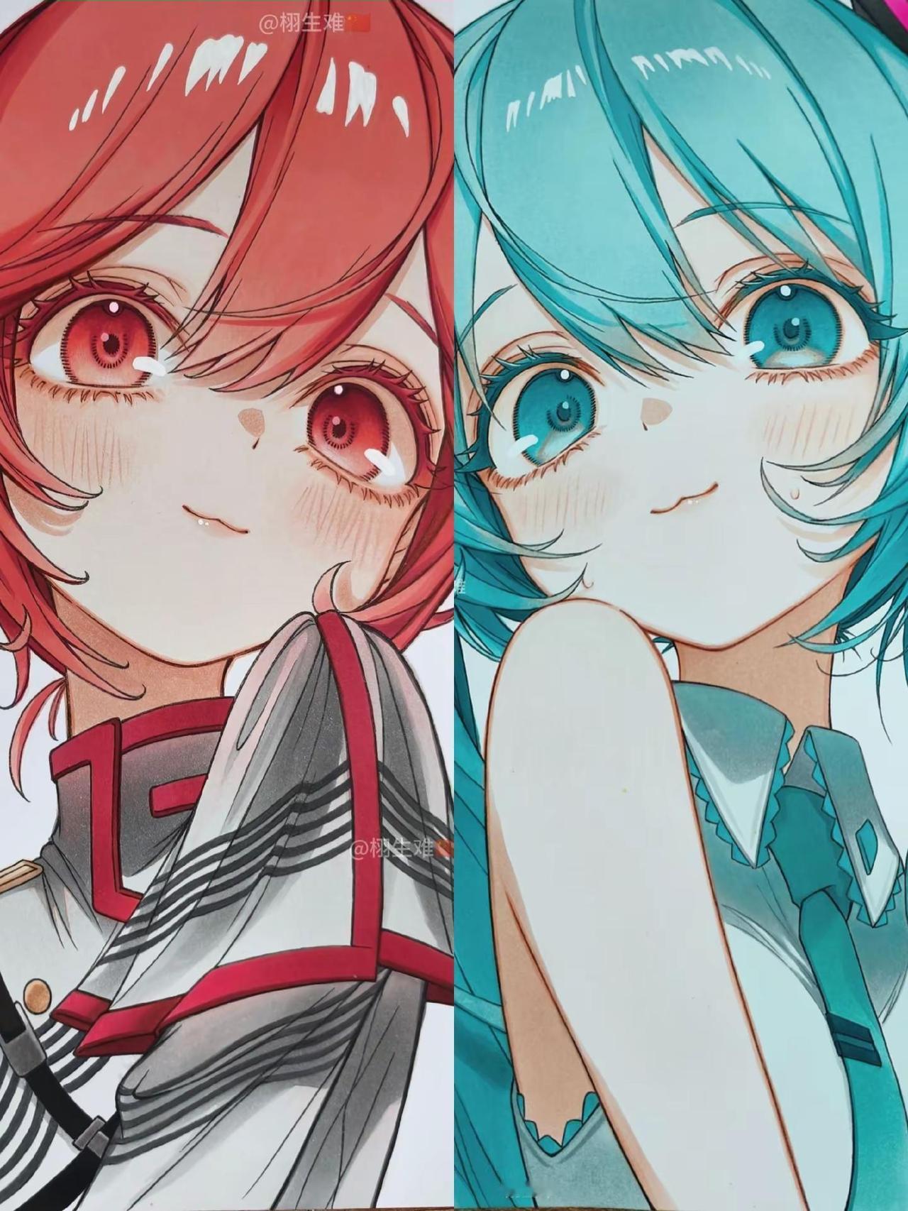 一门双至尊(两张作品拼在一起就是心型)二创 初音未来 重音teto 手绘