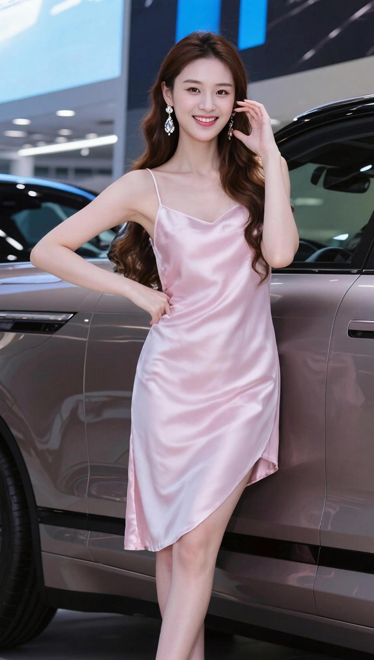 在柔和的灯光下，粉色丝绸连衣裙如水般流淌，映衬出优雅与自信。背景中隐约可见的车展