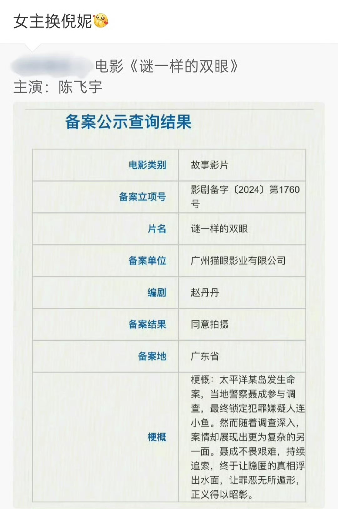 娱乐[超话]谜一样的双眼阵容 电影《迷一样的双眼》阵容官宣，倪妮陈飞宇主演倪妮陈