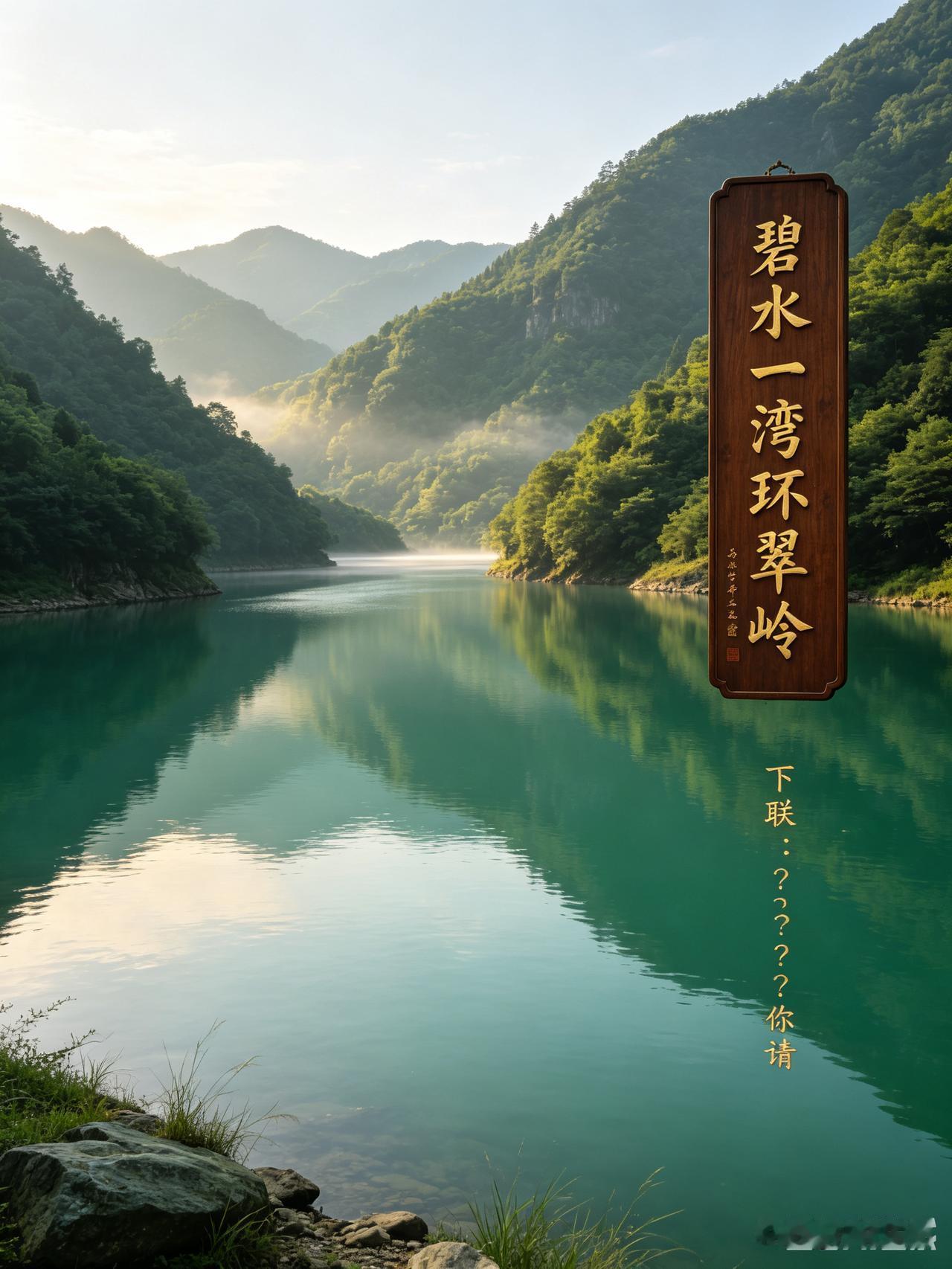 常沉浸楹坛赏阅佳作，今临水心生七言上联诚心求教

上联：碧水一湾环翠岭
下联：？