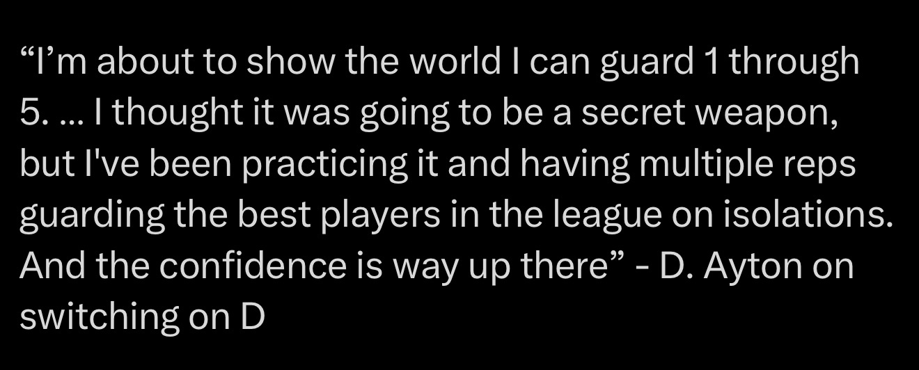 👀艾顿现在信心爆棚了。谈到自己的换防能力，艾顿表示：“我就要向全世界展示，我能