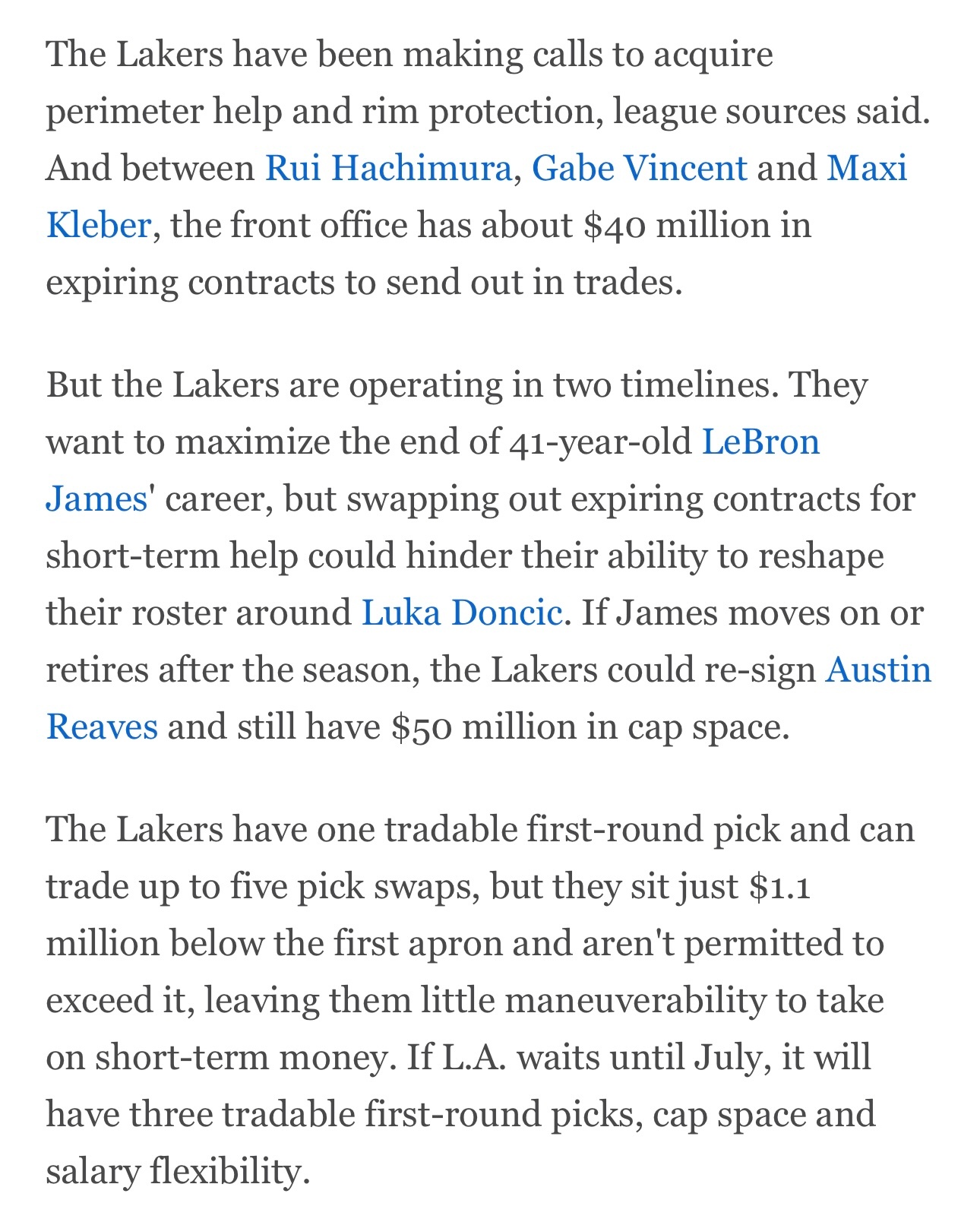 ESPN撰文盘点交易截止日之前最值得关注的10个球队，关于湖人的部分如下：据联盟