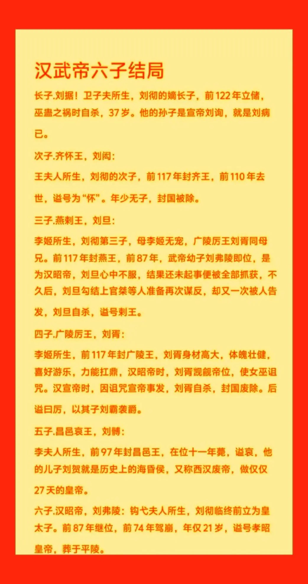 汉武帝六子结局。汉武帝刘彻在位五十四年是汉朝皇帝在位时间最长的一个。然...