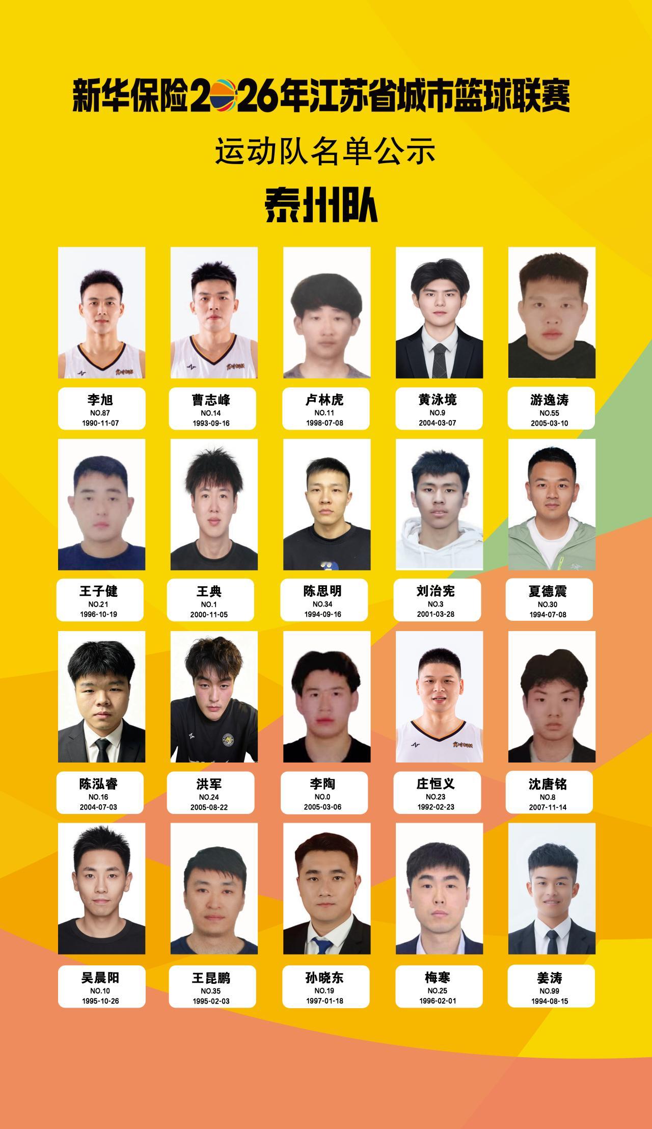 2026江苏省城市篮球联赛。9月4日（周五）晚19:30，泰州队客场挑战淮安队。