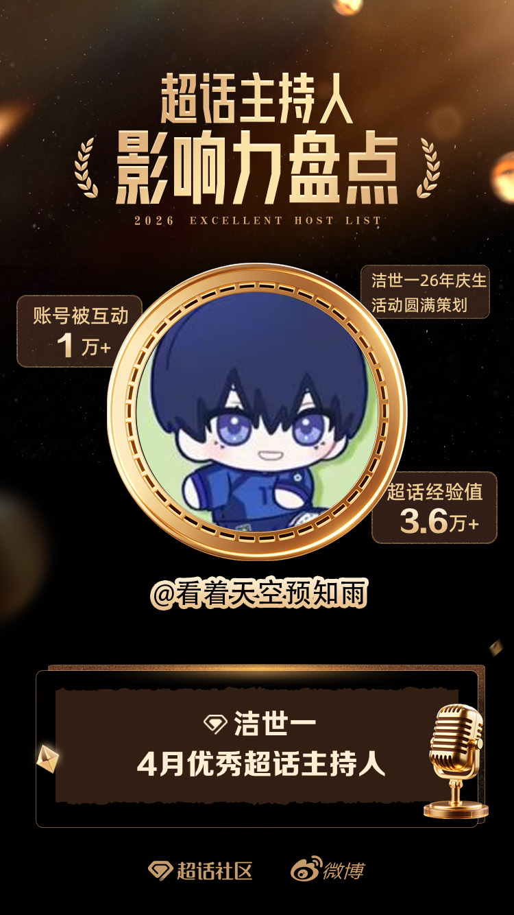 洁世一  洁世一 洁世一锁永一 托小洁和各位洁推的福，获得了4月优秀超话主持人?