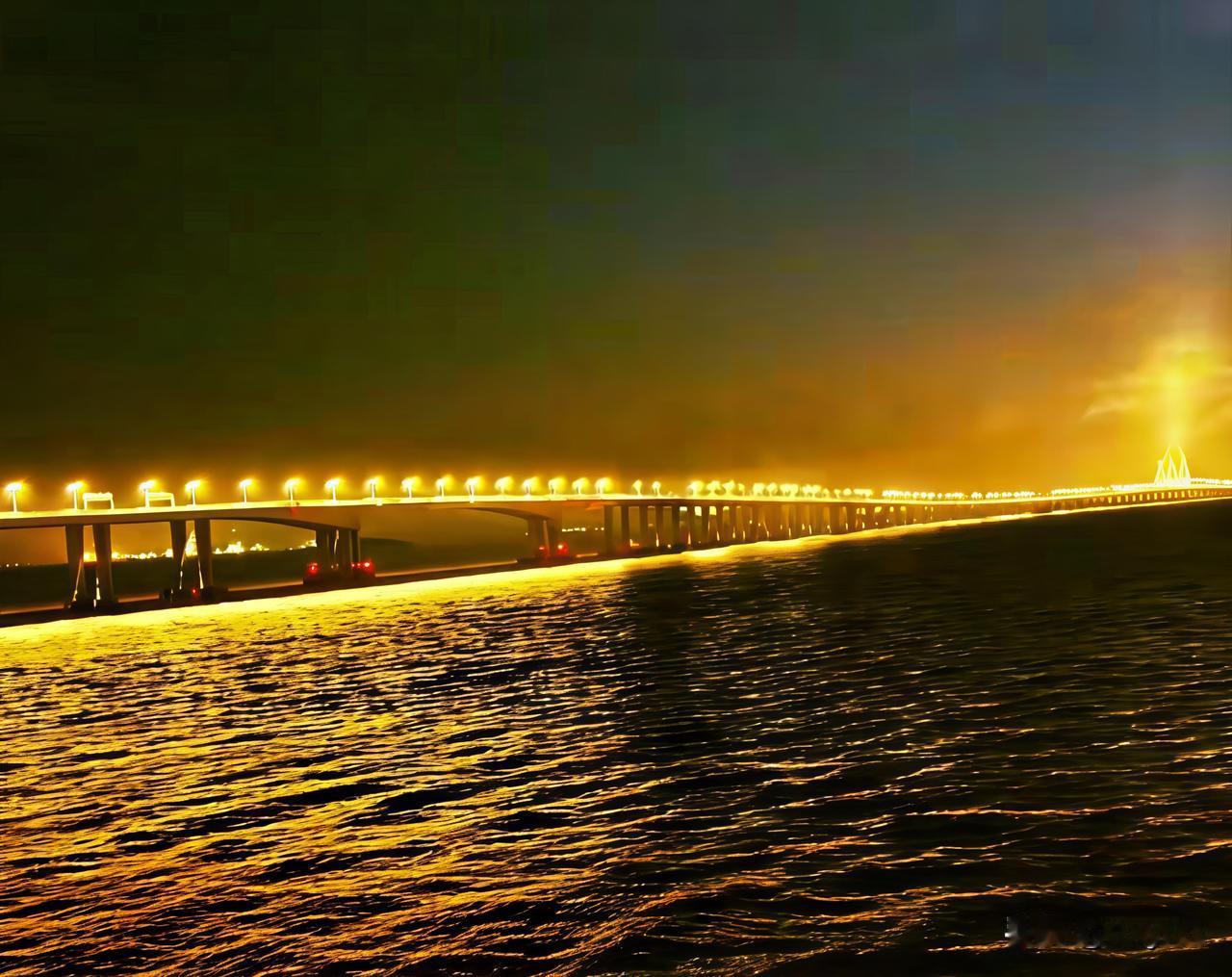 夜幕降临，舟岱大桥如金色巨龙横卧碧波。万盏华灯沿桥身铺展，暖黄光晕漫过海面，碎成