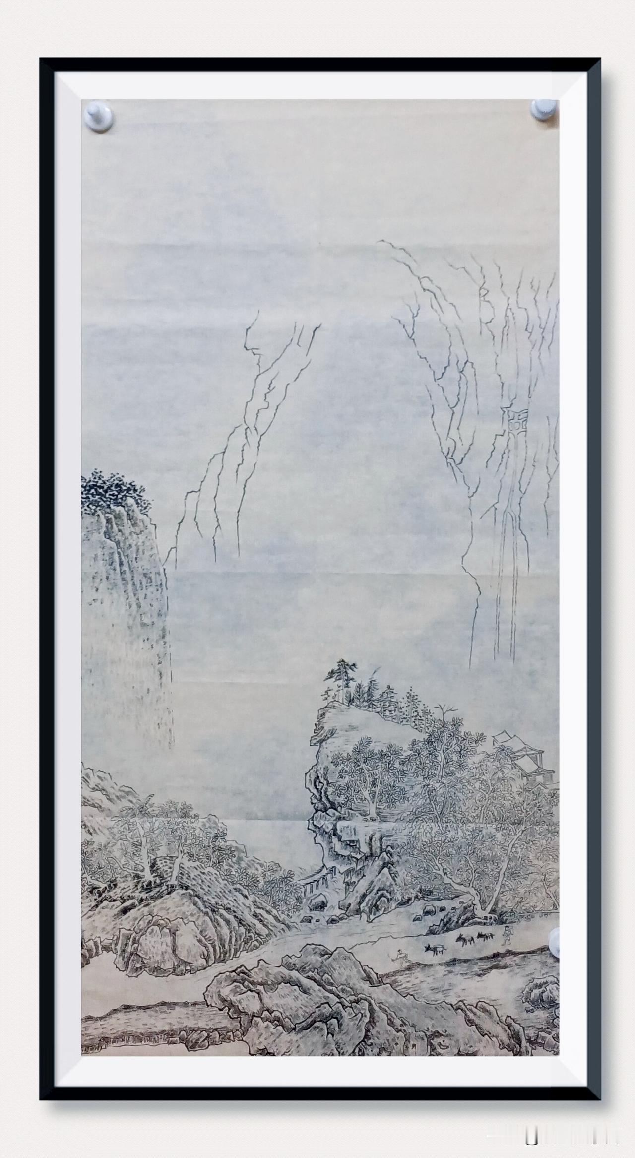 不赶时间的绘画方式很不错哦！今天又完成三尺国画《溪山行旅图》的一小部分墨稿。画的