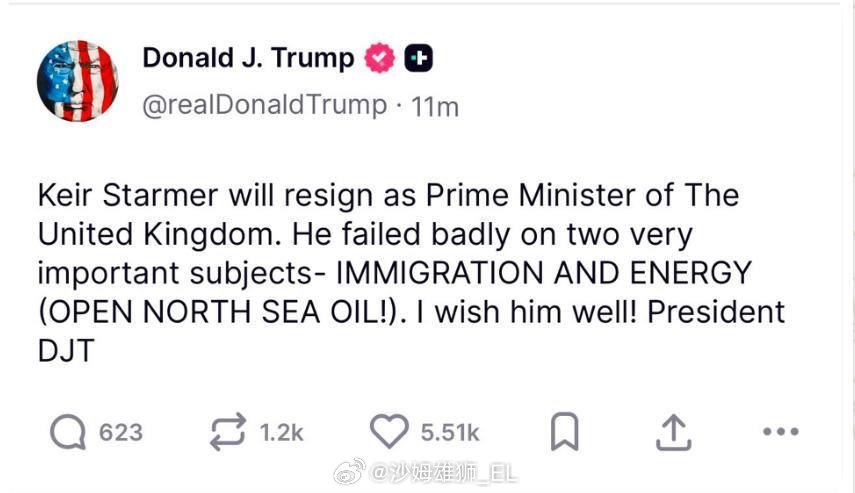 第一个官宣英国首都斯塔默准备辞职的官方来源......是特朗普。很难评价，对双方