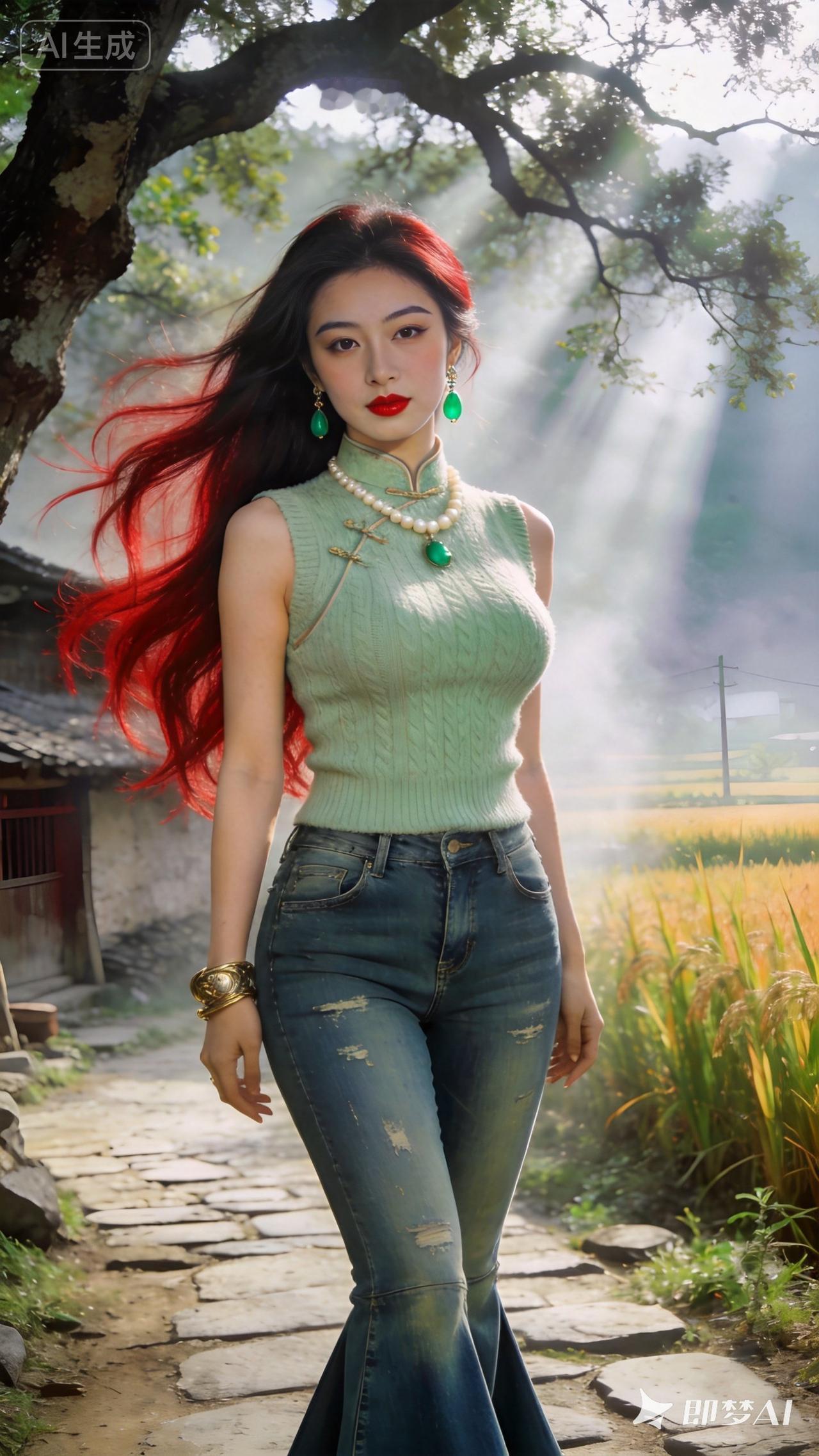 红发少女漫步在乡村小路，复古与现代的碰撞，惊艳了时光。