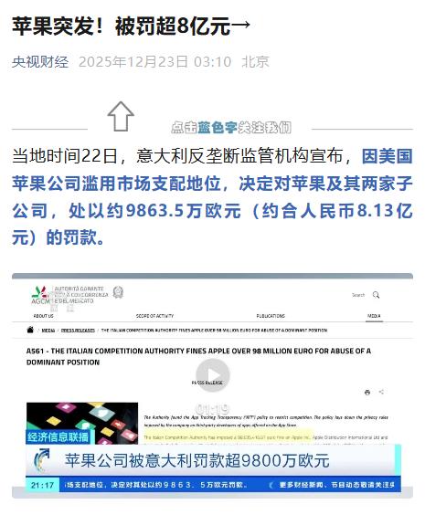 【苹果公司滥用市场支配地位被罚约9860万欧元，曾多次被起诉】
据报道，意大利竞