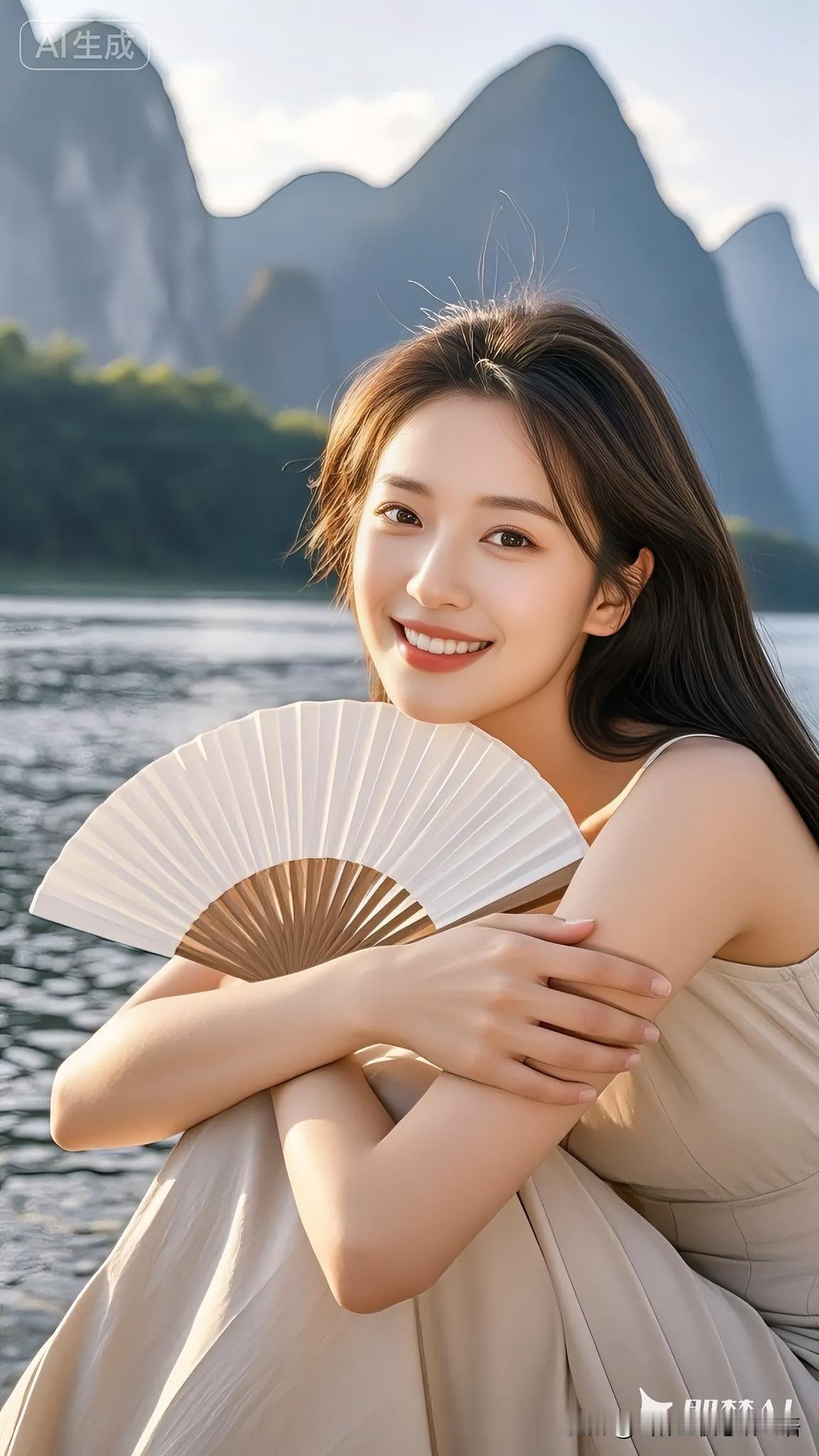 山水成诗入画屏，扇边浅笑似星明。