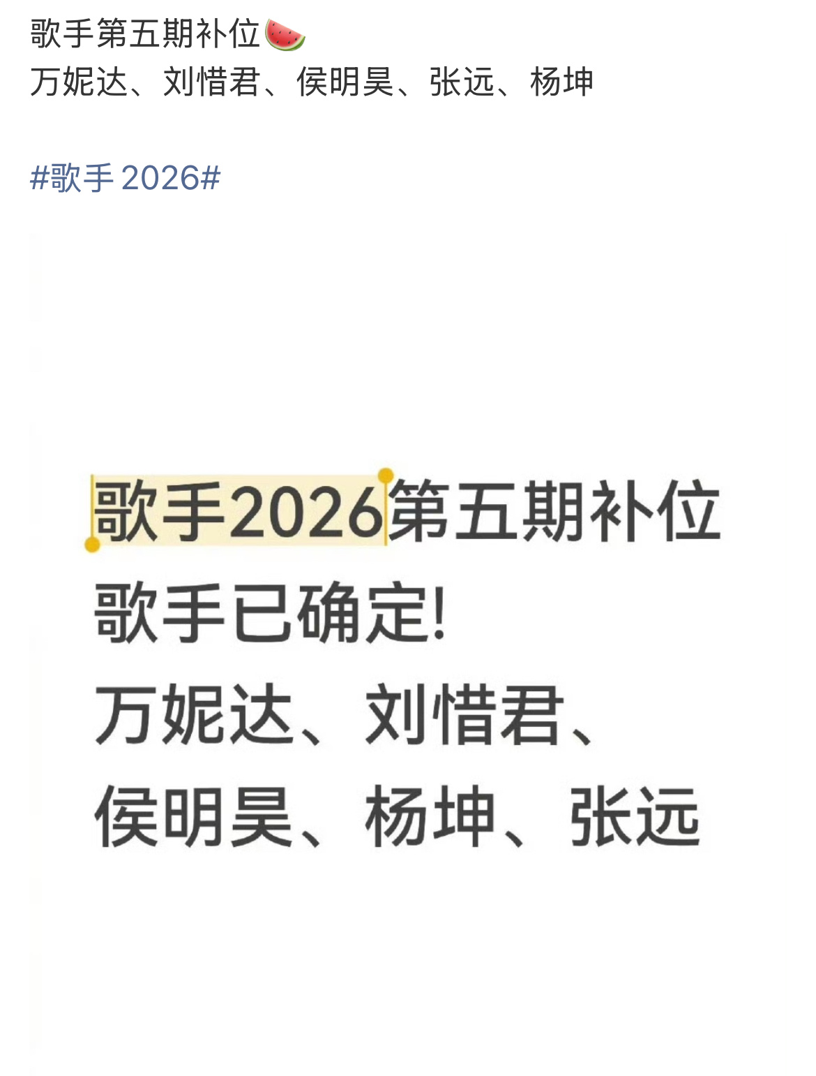 歌手第五期补位嘉宾名单万妮达、杨坤、侯明昊、刘惜君、张远，这个第五期补位阵容你们