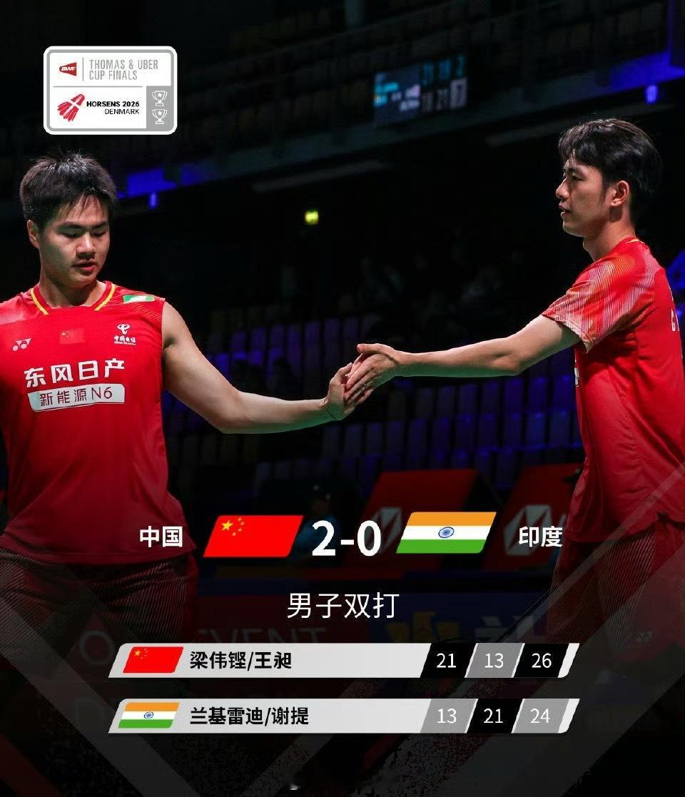 汤杯国羽vs印度男子双打比赛，梁伟铿/王昶2-1兰基雷迪/谢提，总比分中国2-0