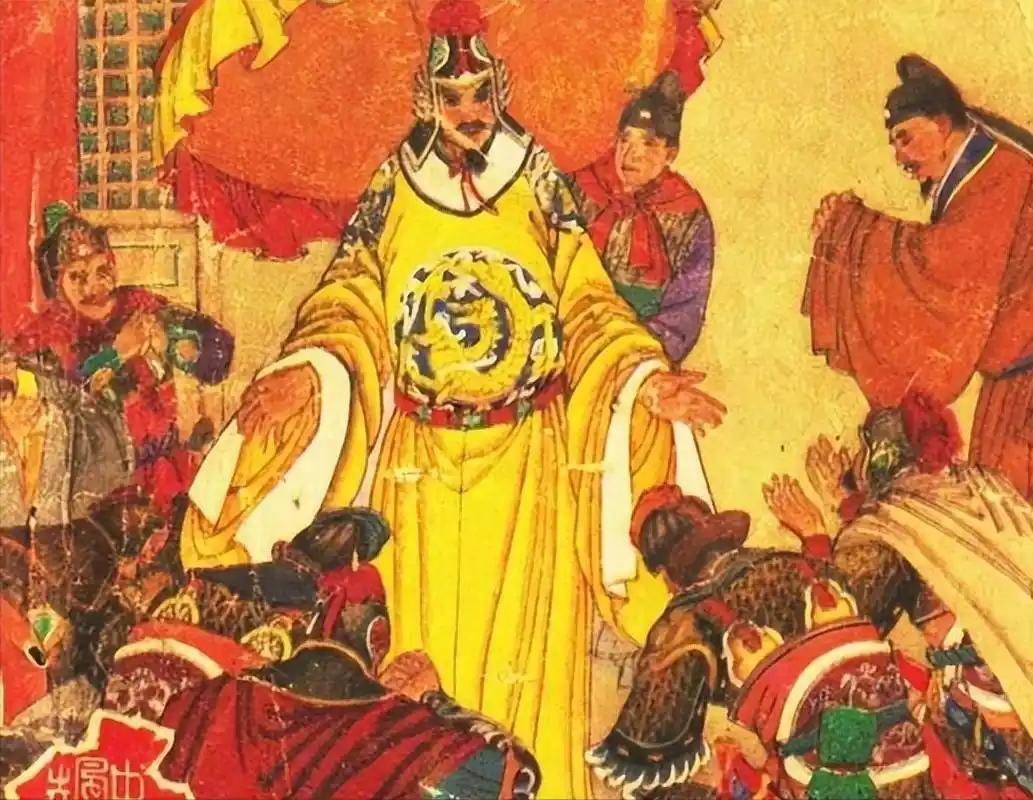 陈桥兵变时，赵匡胤被部下黄袍加身。他对着众人说道：“你们贪图富贵，立我为天子，若