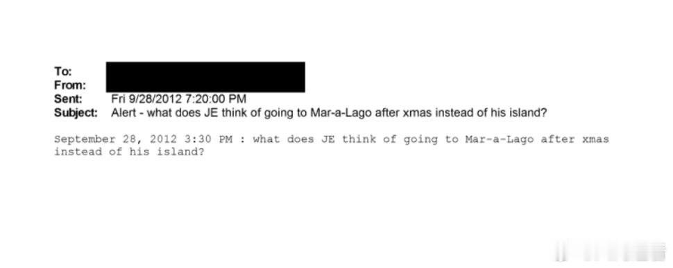 美司法部公布爱泼斯坦案剩余文件一封日期为 2012 年 9 月 28 日的电子邮