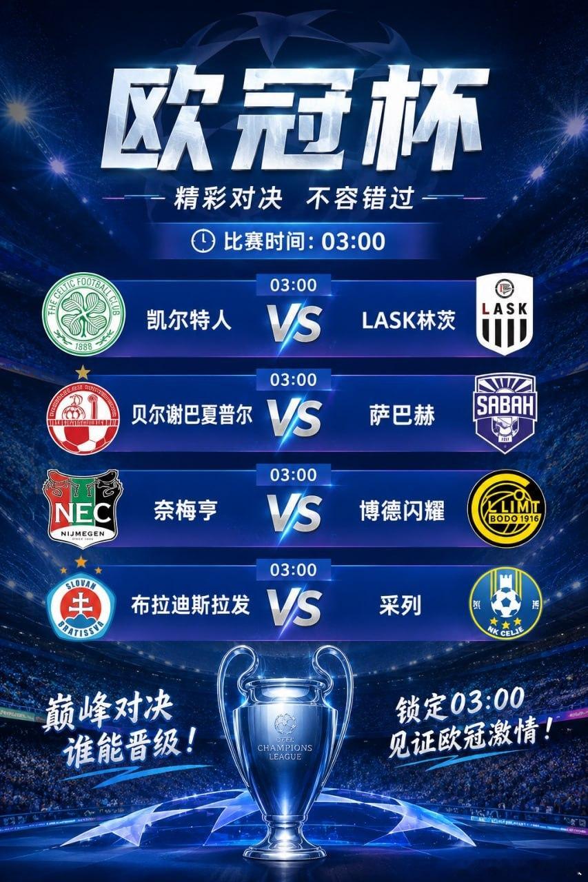 欧冠之夜，战火再燃！凌晨03:00四场焦点对决同步打响：凯尔特人 VS LASK