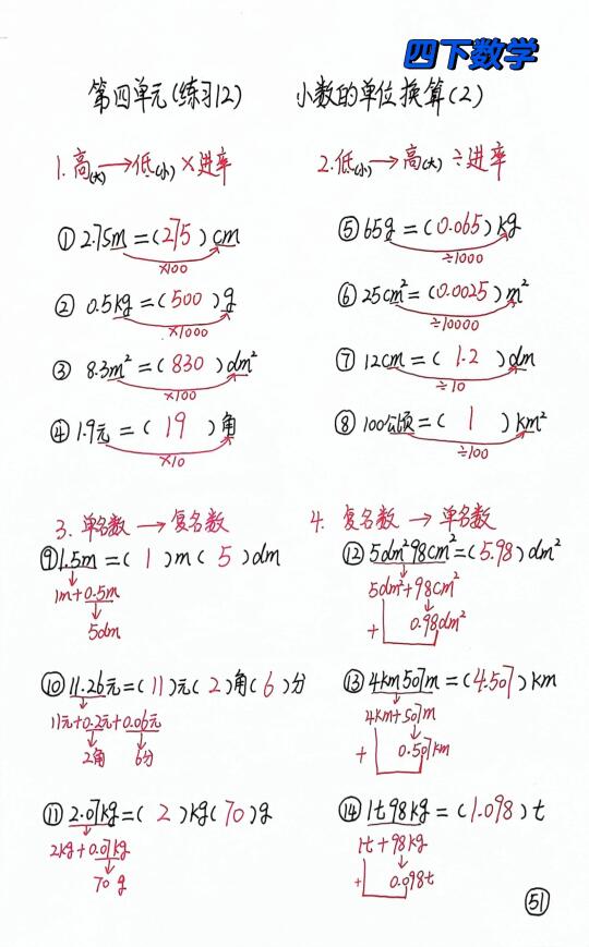 四下数学每日一练51，小数单位换算！