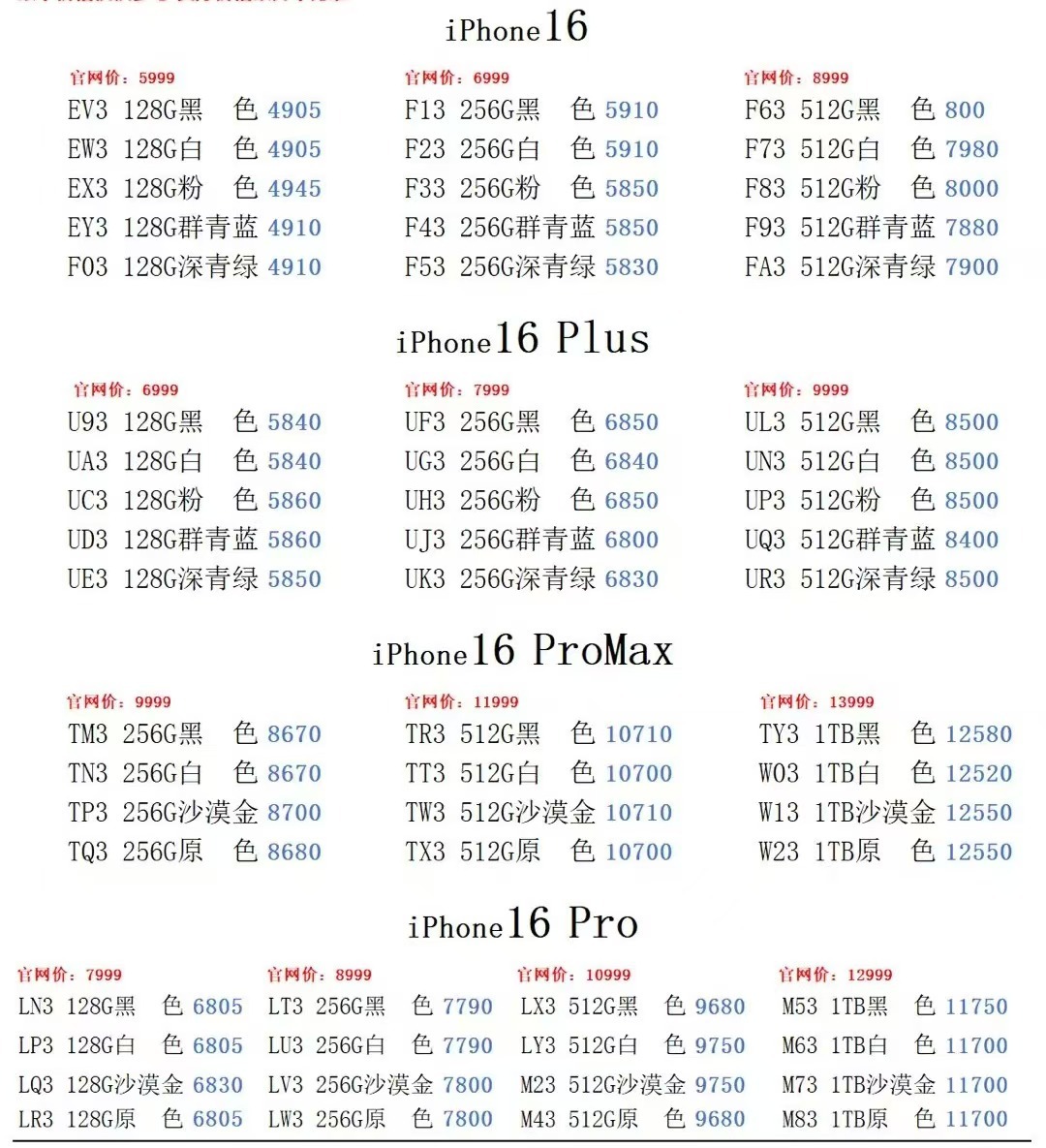 1月13日国行苹果手机系列价格更新，今天的16系列又是全跌的一天，多数型号小跌几