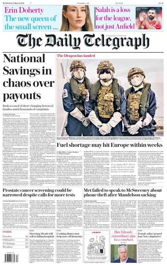 《每日电讯报》头版报道称，燃料短缺可能在几周内冲击欧洲。
2026年2月28日，