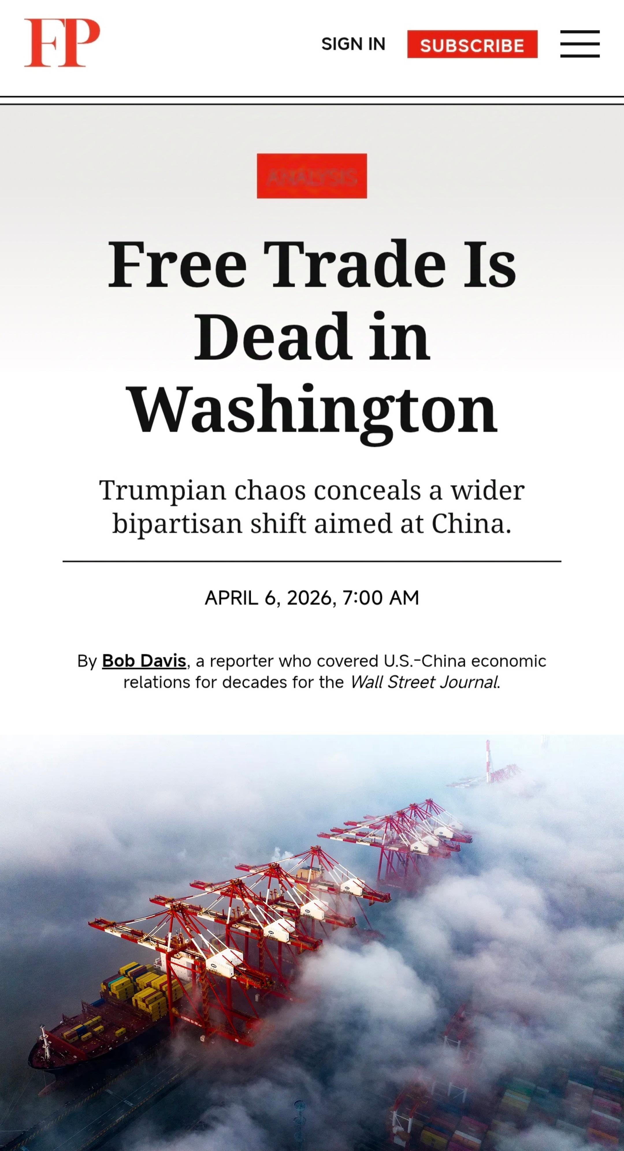 ¹ 又读到一篇美国人写的“自由贸易已死”的观点文章。这次发表在FP。第一次看到几