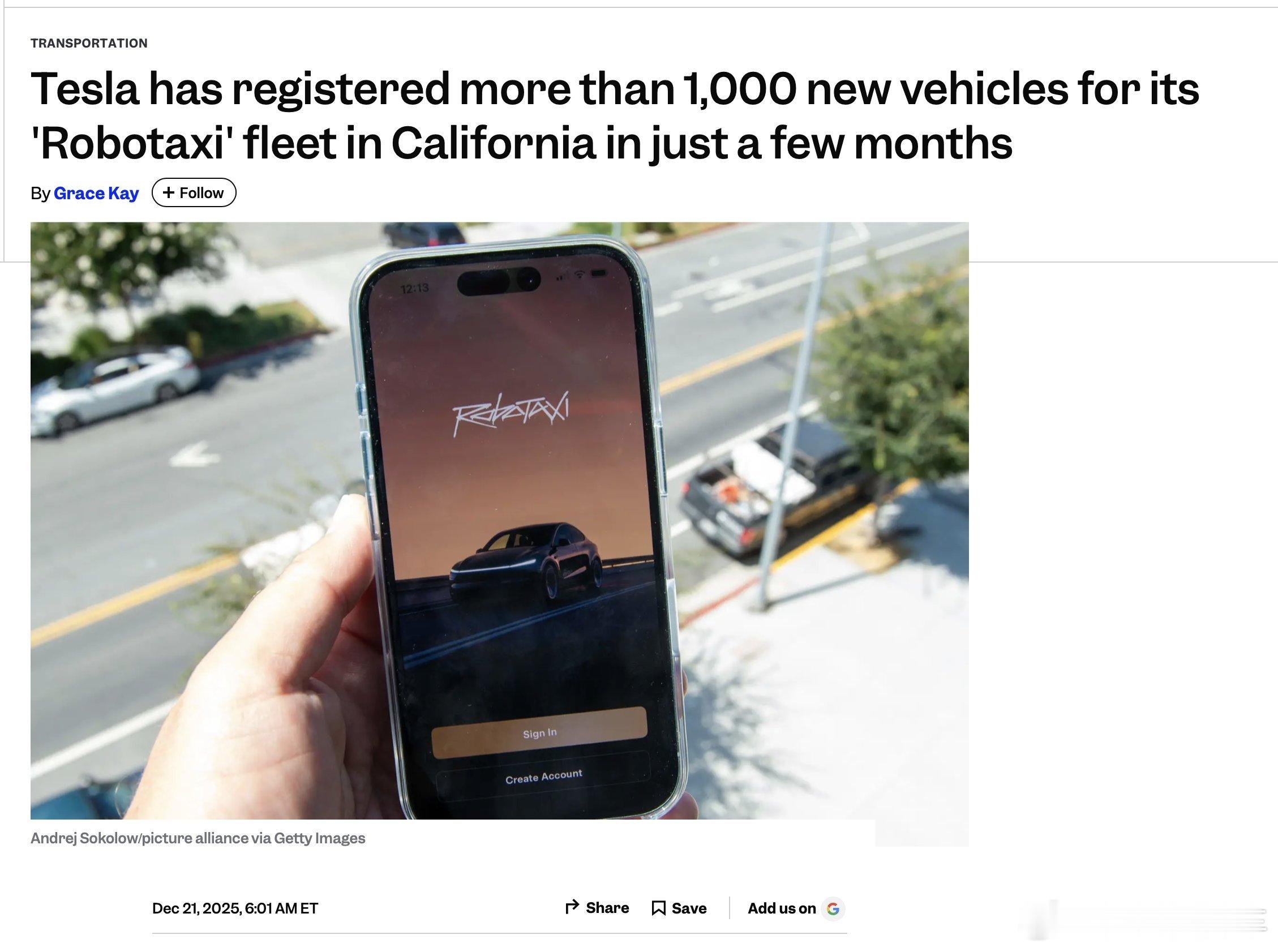 特斯拉目前在加州注册的 Robotaxi 网约车规模达到了1655辆车和798名