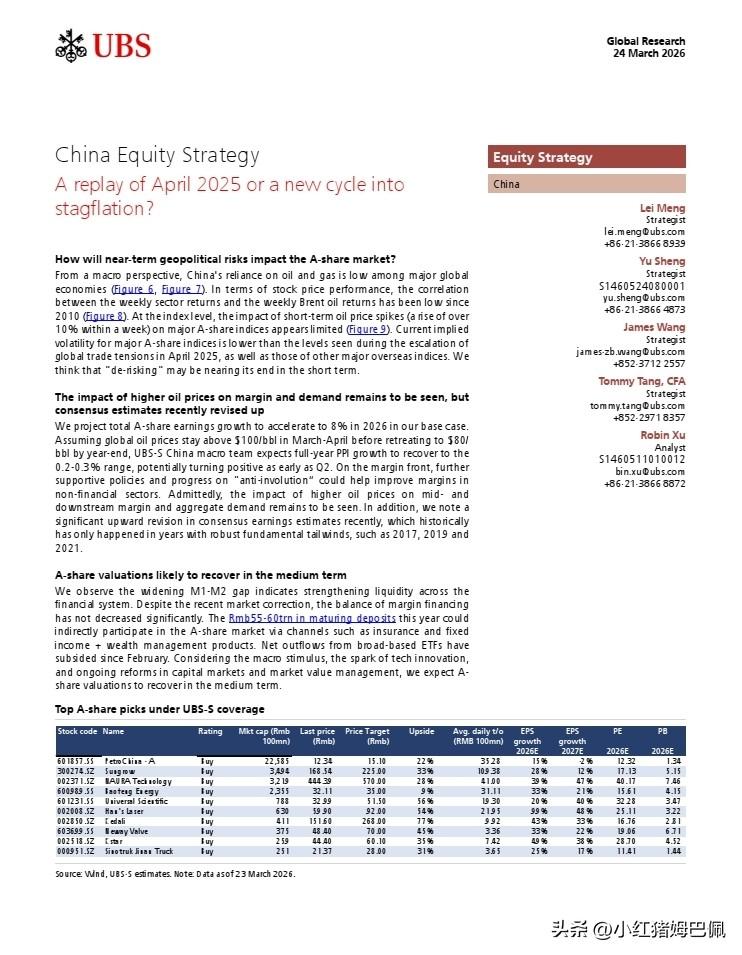 世界顶级投行瑞银UBS在3月24日发布中国权益市场策略研究报告，聚焦全球地缘政治