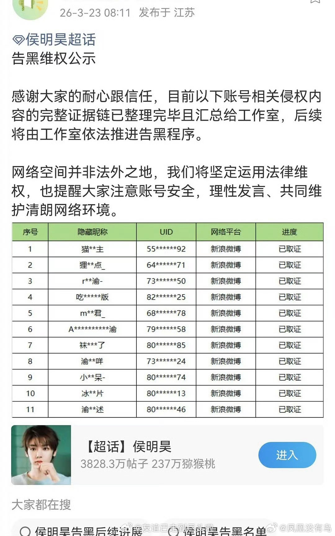 侯明昊取证了好多田栩宁粉丝哎 