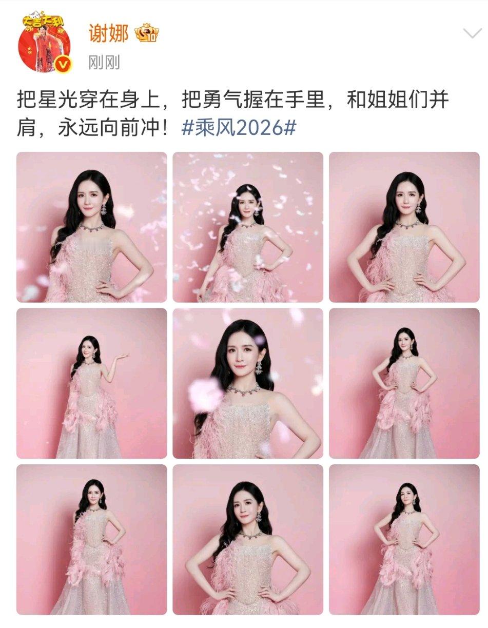 谢娜和姐姐们并肩向前冲 谢娜粉色羽毛亮片裙 好美丽的粉裙 