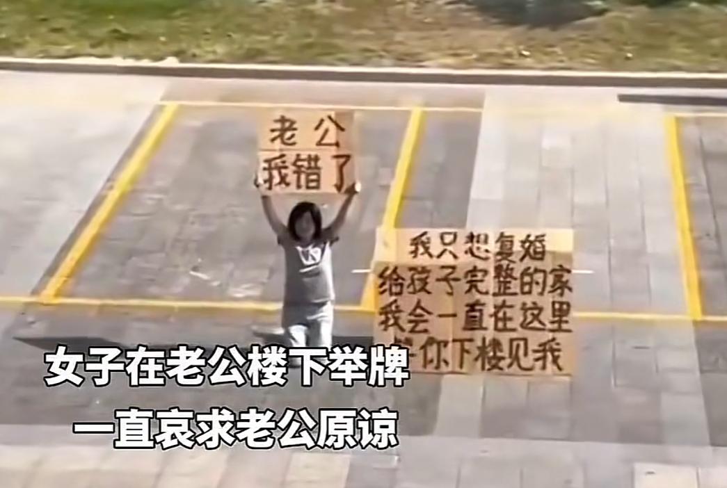 女子跪在前夫家楼下，双手高高举着牌子，上面明晃晃写着老公我错了，旁边纸板还写满诉