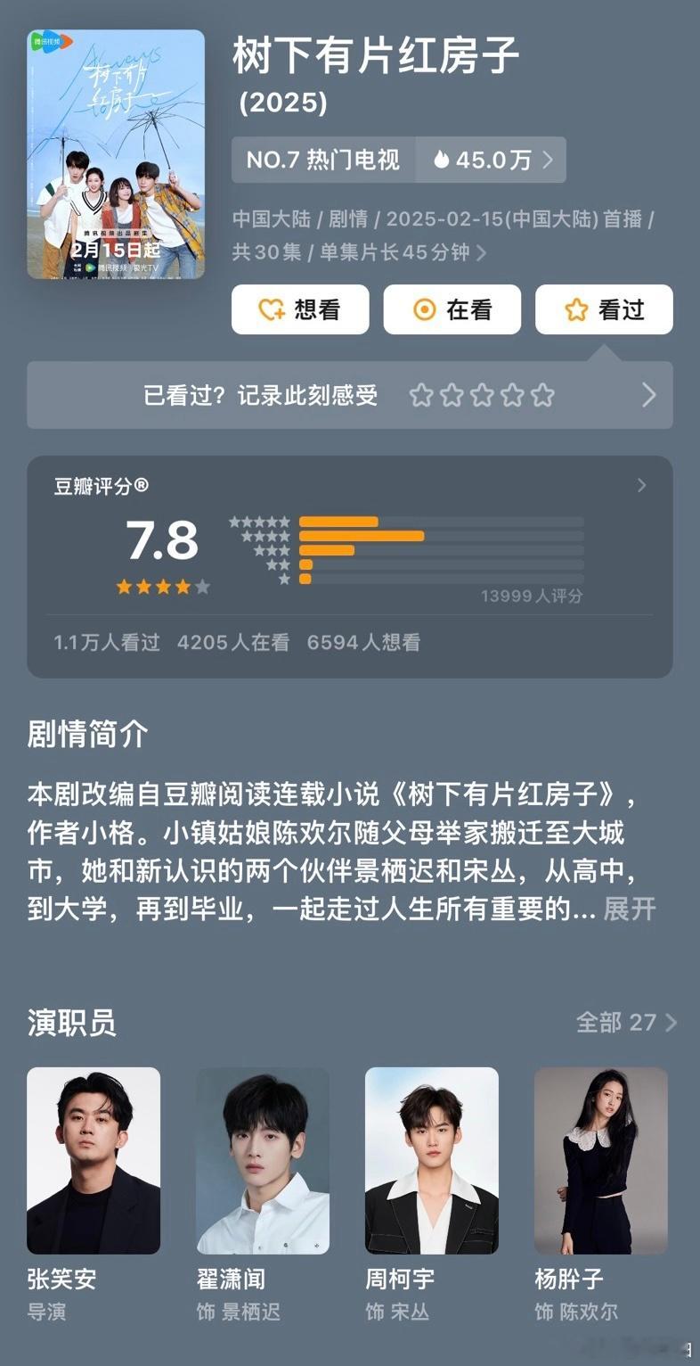 2025年目前最佳校园剧，非《树下有片红房子》莫属，豆瓣开分7.8足以证明它的精