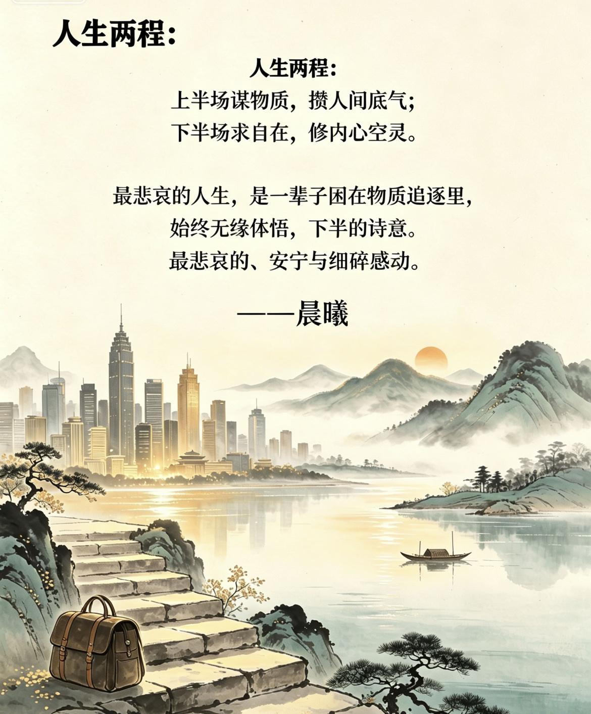 人生两程：
　　
上半场谋物质，攒人间底气；
下半场求自在，修内心空灵。

最悲