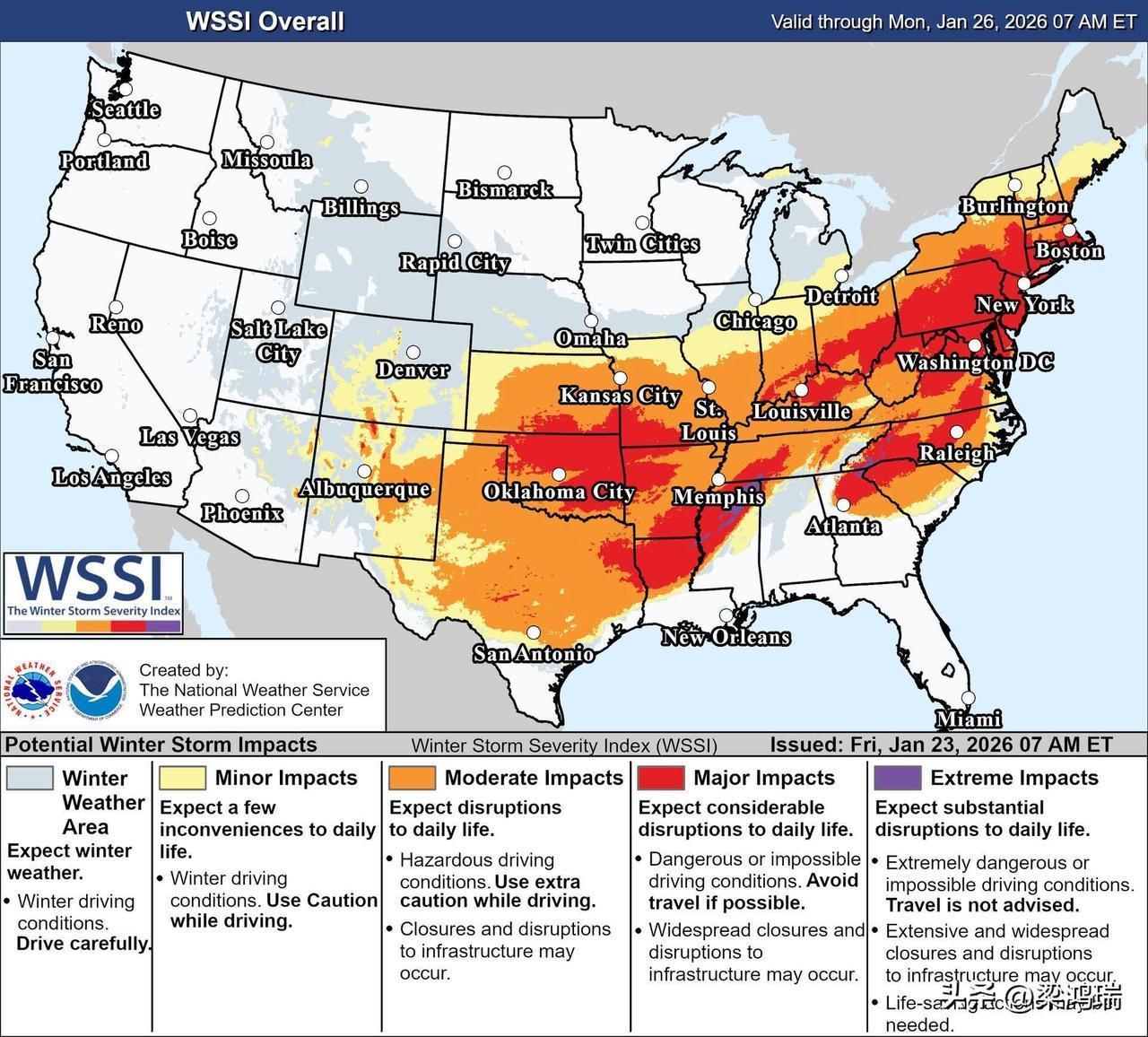 美国国家气象局 (NWS) 天气预报中心发布冬季风暴严重程度指数 (WSSI) 