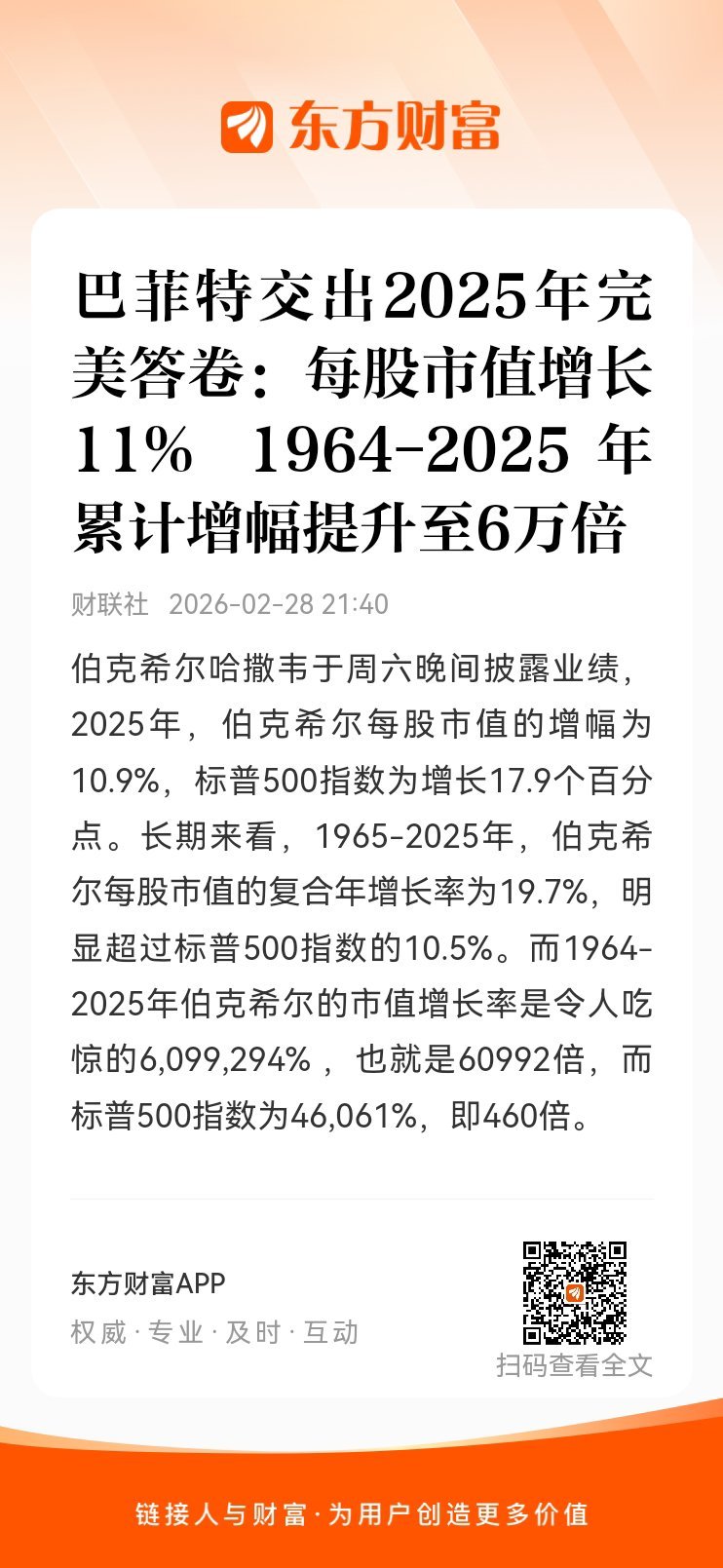 东方财富股票【巴菲特交出2025年完美答卷：每股市值增长11% 1964-202
