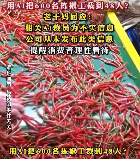 网传老干妈AI视觉分拣上线后，600个拣辣椒工人裁得只剩48个，“你让工人下岗，