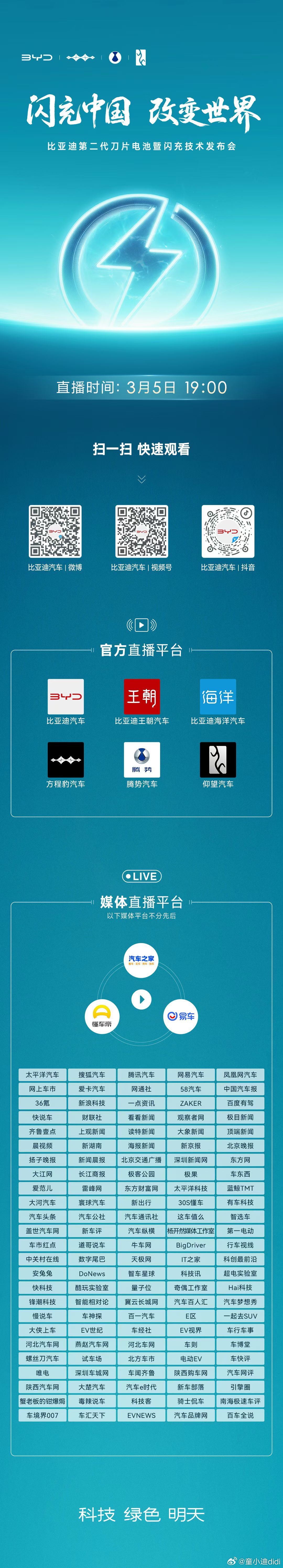 比亚迪第二代刀片电池及闪充技术今晚 19:00，共启闪充新时代！比亚迪将发布颠覆