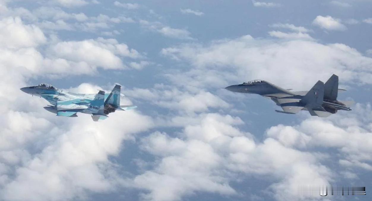 日本F15、印度苏30同框，两种战机都是重型战机，大小尺寸非常明显