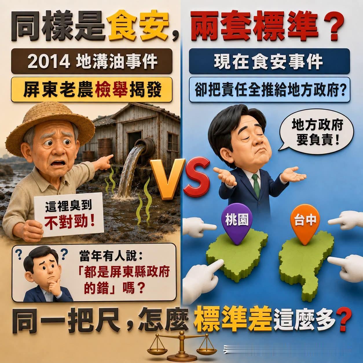 🔴2014年地沟油事件，是屏东老农举报恶臭才曝光出来。
❓当年有人说“全是屏东