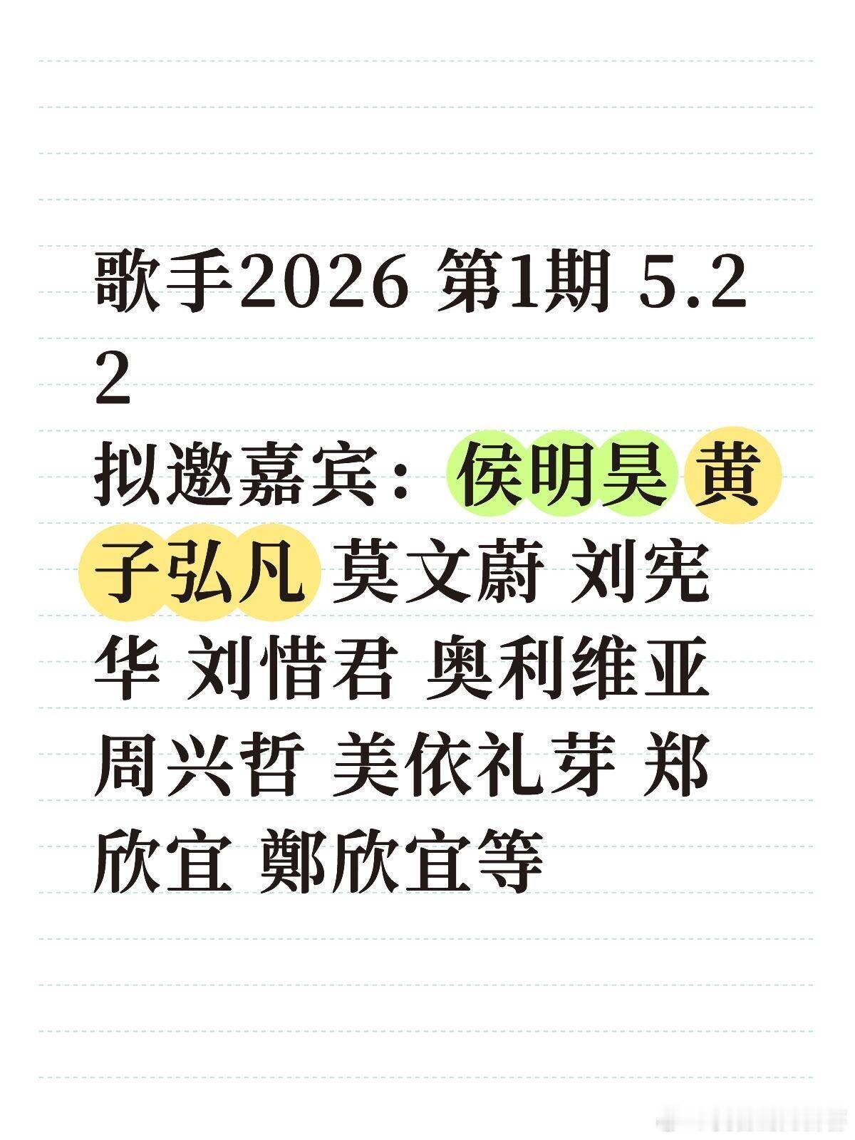 等了好久！歌手2026神仙阵容，5.22赴一场音歌手2026 第1期网传拟邀嘉宾