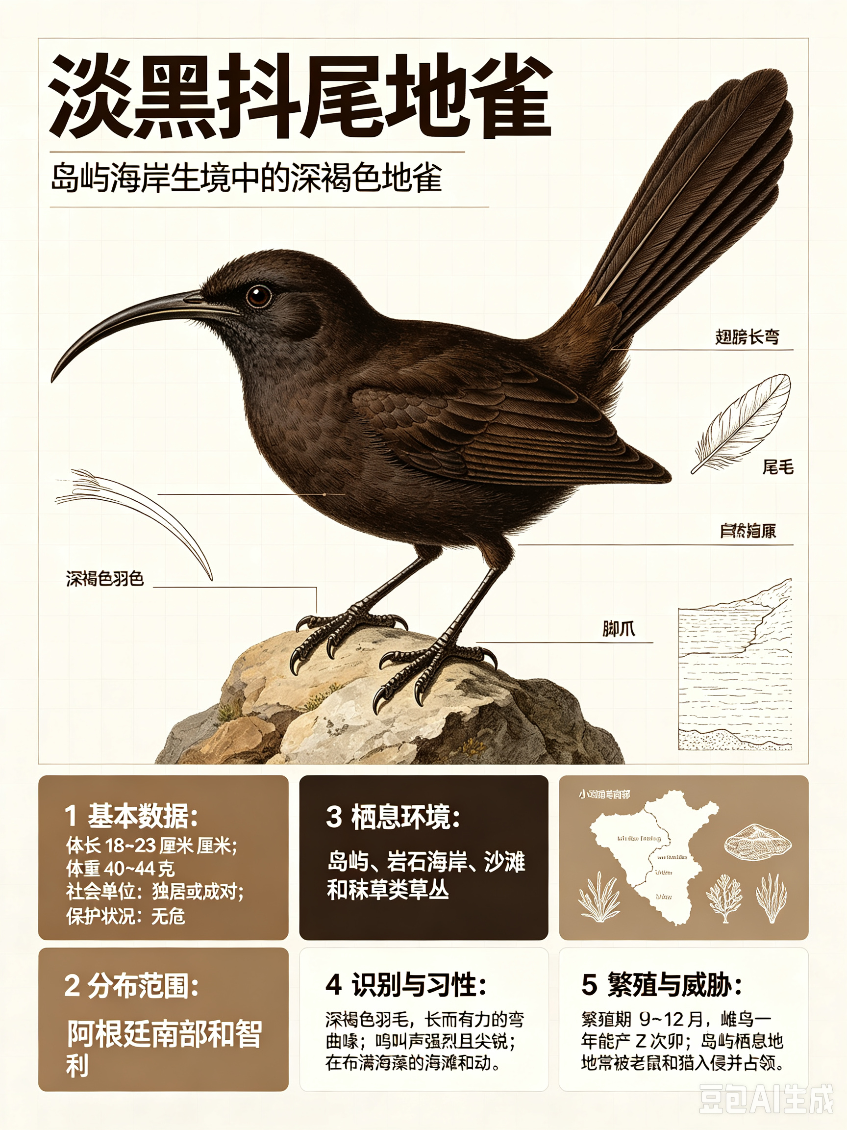 鸟类朋友图鉴 淡黑抖尾地雀体长：18~23 厘米体重：40~44 克社会单位：独