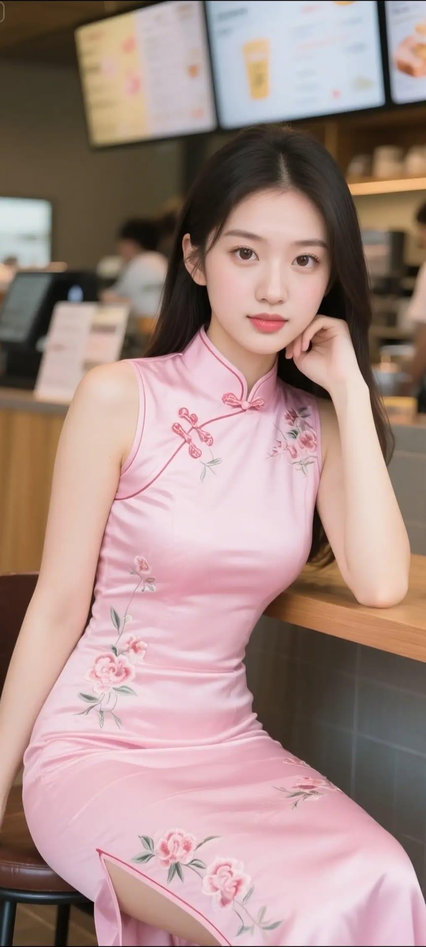 粉嫩Q弹的旗袍，搭配精致的妆容，优雅气质满分！