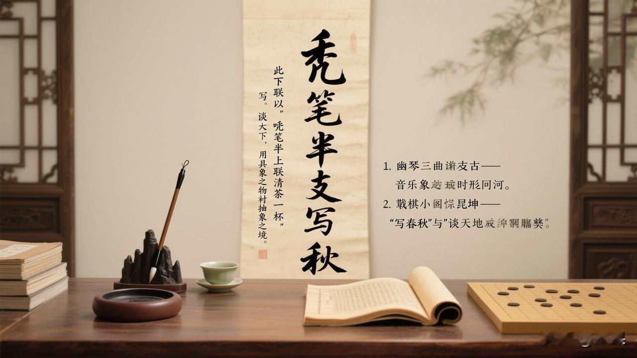 赏析：此下联以“秃笔半支”呼应上联“清茶一杯”，用具象之物衬抽象之境。“写春秋”