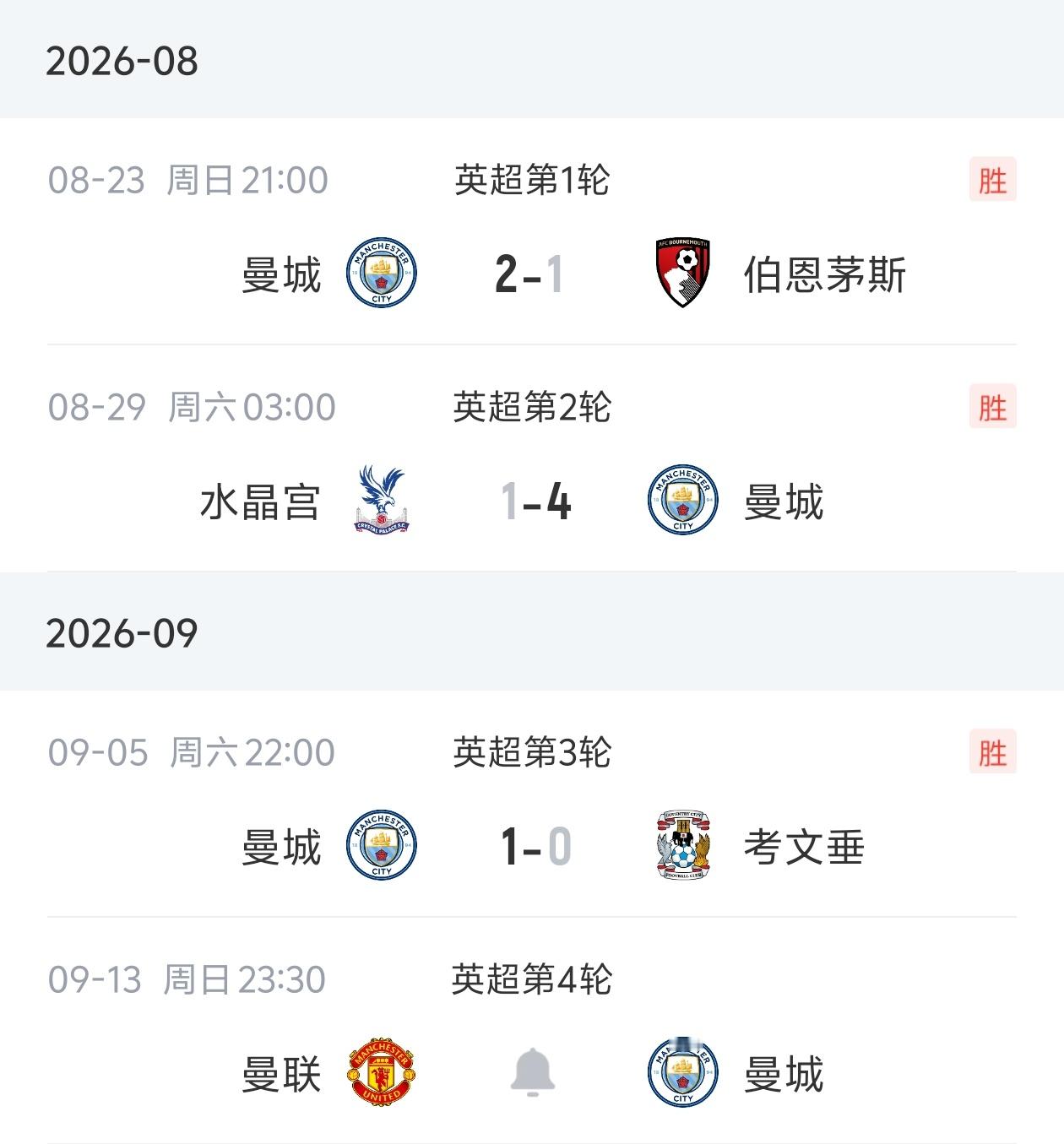 英超第3轮，曼城主场击败考文垂，马雷斯卡率队取得英超开赛季3连胜。曼城先后2-1