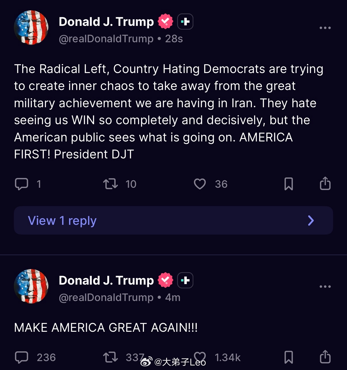 特朗普发文，民主党试图掩盖美国在伊朗的胜利“激进左派、仇视国家的民主党人正试图制
