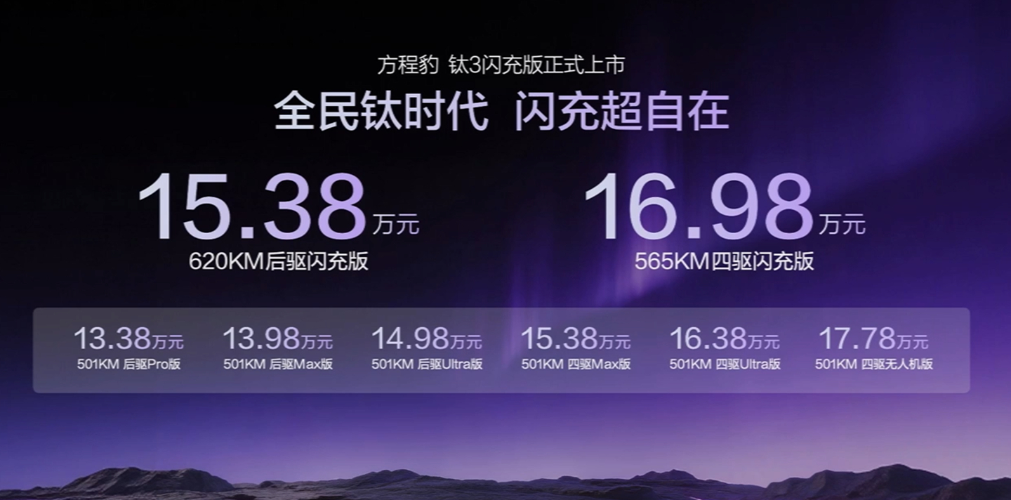 【比亚迪方程豹钛 3 闪充版上市：续航 565KM/620KM，15.38 万元