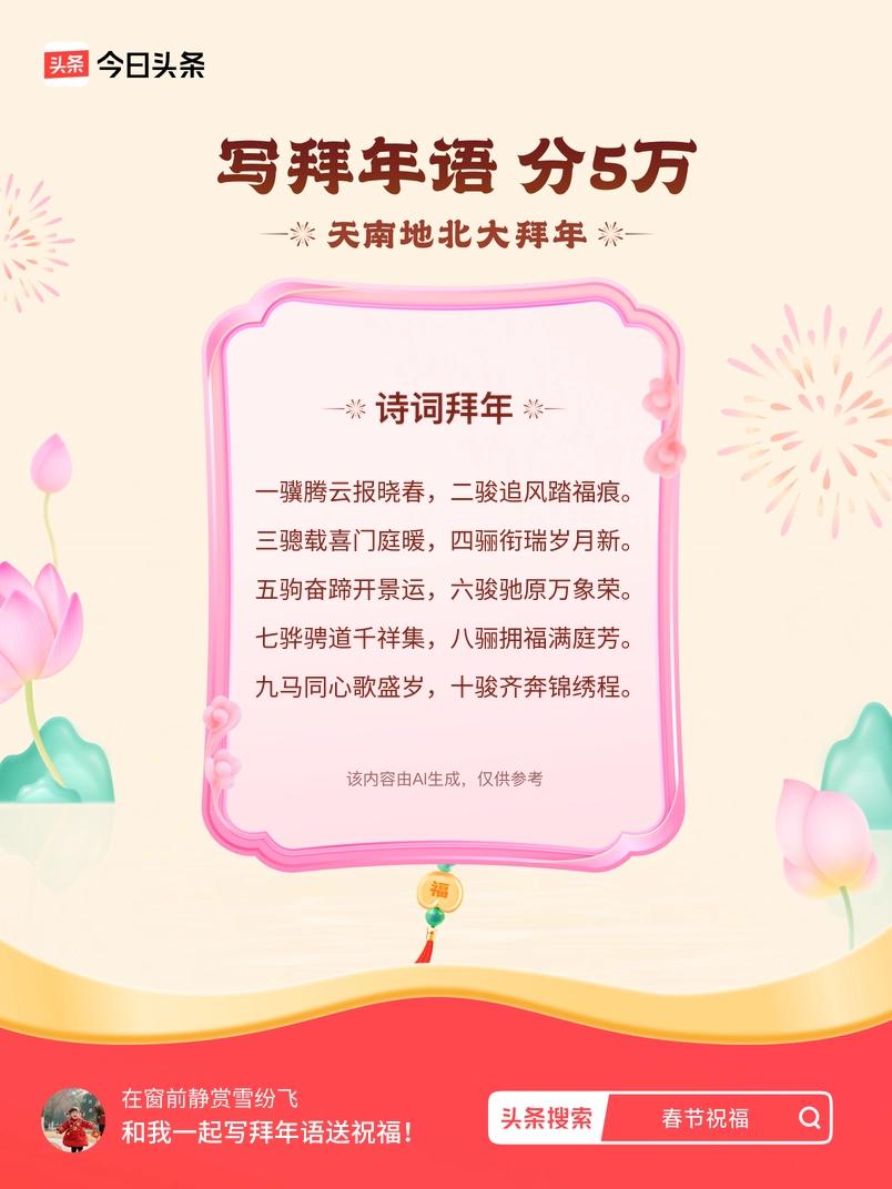 写拜年语送祝福新春拜年送祝福！我的祝福是：“一骥腾云报晓春，二骏追风踏福痕。三骢