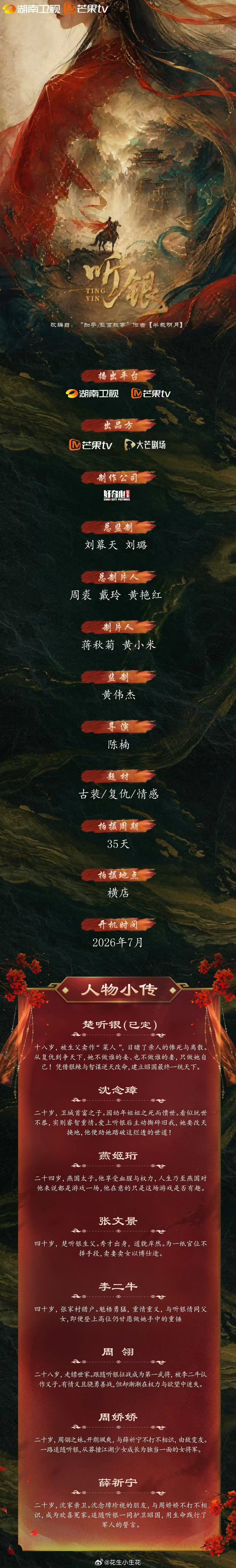 网剧《听银》组讯监制：黄伟杰导演：陈楠造型指导：李萌原著：半截明月播出平台：湖南