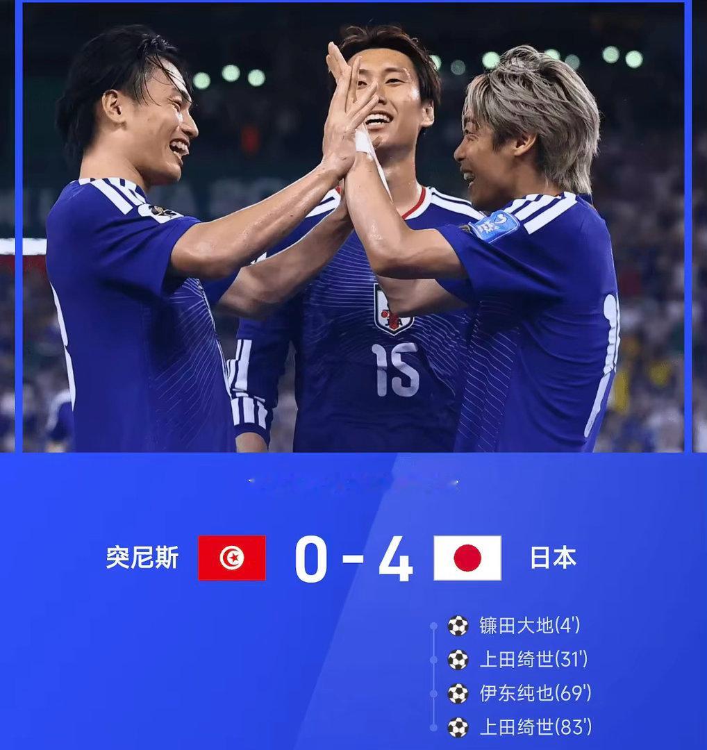 美加墨世界杯小组赛F组第2轮，日本4-0战胜突尼斯。本场比赛也是世界杯历史的第1