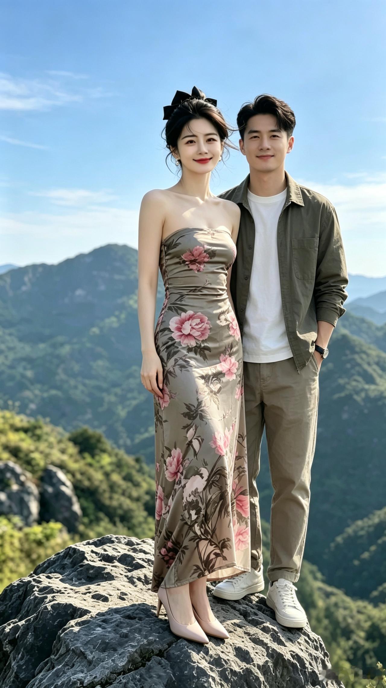 山巅之恋
青山层翠映长空，佳偶同登峻岭中。
石畔相依风拂袂，眸间对视意盈瞳。
遥